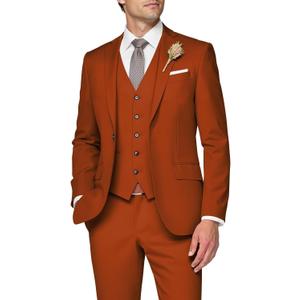 3 Piece Suit Men Slim Fit Wedding Suits for Mens Elegant One Button Jacket Single Breasted Vest Pants Set (Small, Burnt Orange)