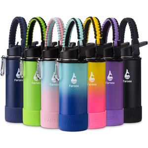Farsea Insulated Water Bottle With Paracord Handle, Protective Boot and 2 Lids (Straw Lid & Spout Lid), Stainless Steel Water Bottle Wide Mouth, Double Wall Sweat-Proof BPA-Free, 18 oz