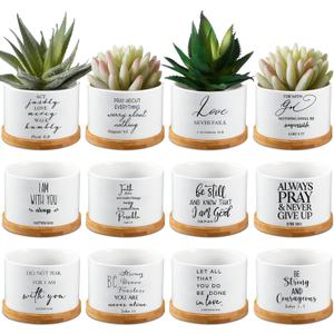 12 Pcs White Bible Verse Succulent Pots with Drainage 3.15 Inch Mini Ceramic Flower Planter Pot with Bamboo Tray Small Plant Pots Christian for Friends and Family, Plants Not Included