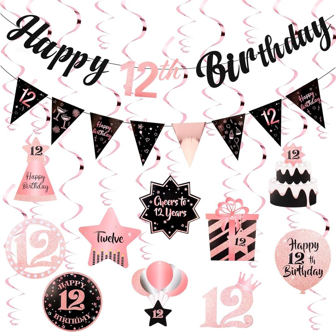 12th Birthday Decorations for Girls Rose Gold Pink Pre Strung Happy 12th Birthday Banner and Hanging Swirls 12 Year Old Party Decorations Supplies