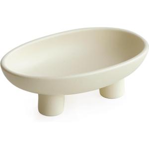 WENSHUO Three-Legs Ceramic Fruit Bowl for Kitchen Counter, Decorative Bowl for Table Dcor, 10-inch Oval Large Bowls for Breads (Matte Crme)