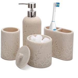 Aksipo Beige Bathroom Accessories Set, 4 Pcs Sturdy Resin Bathroom Accessory Set, Hand Soap Dispenser, Toothbrush Holder Set, Tumbler, Qtip Holder Dispenser, Stylish & Modern Bathroom Decor Set