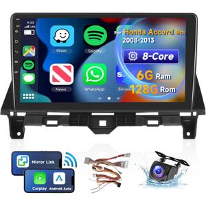 [8 CORE 6G+128G] Car Radio for Honda Accord 8th 2008-2013 with Wireless Carplay/Android Auto, 10.1 Inch Android 13 IPS Touch Screen Car Stereo, Bluetooth, GPS, WiFi, SWC, DSP + Backup Camera