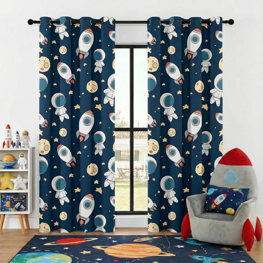 Kids Space Astronaut Planets Rockets Blackout Curtains - 100% Blackout, Thermal Insulated, Noise Reducing, for Kids Room and Nursery, 2 Panels (Astro Buddy Rockets, W52×L84)