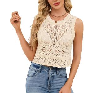 Women's Crochet Knit Tank Top Boho Hollow Out Sleeveless Round Neck Sweater Crop Vest (Teal)