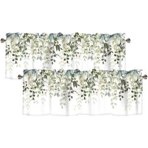 Sage Green Eucalyptus Leaves Curtain Valance for Windows Watercolor Window Treatments 2 Panels Short Curtains for Kitchen Windows Bathroom Bedroom,54 x 18 Inch