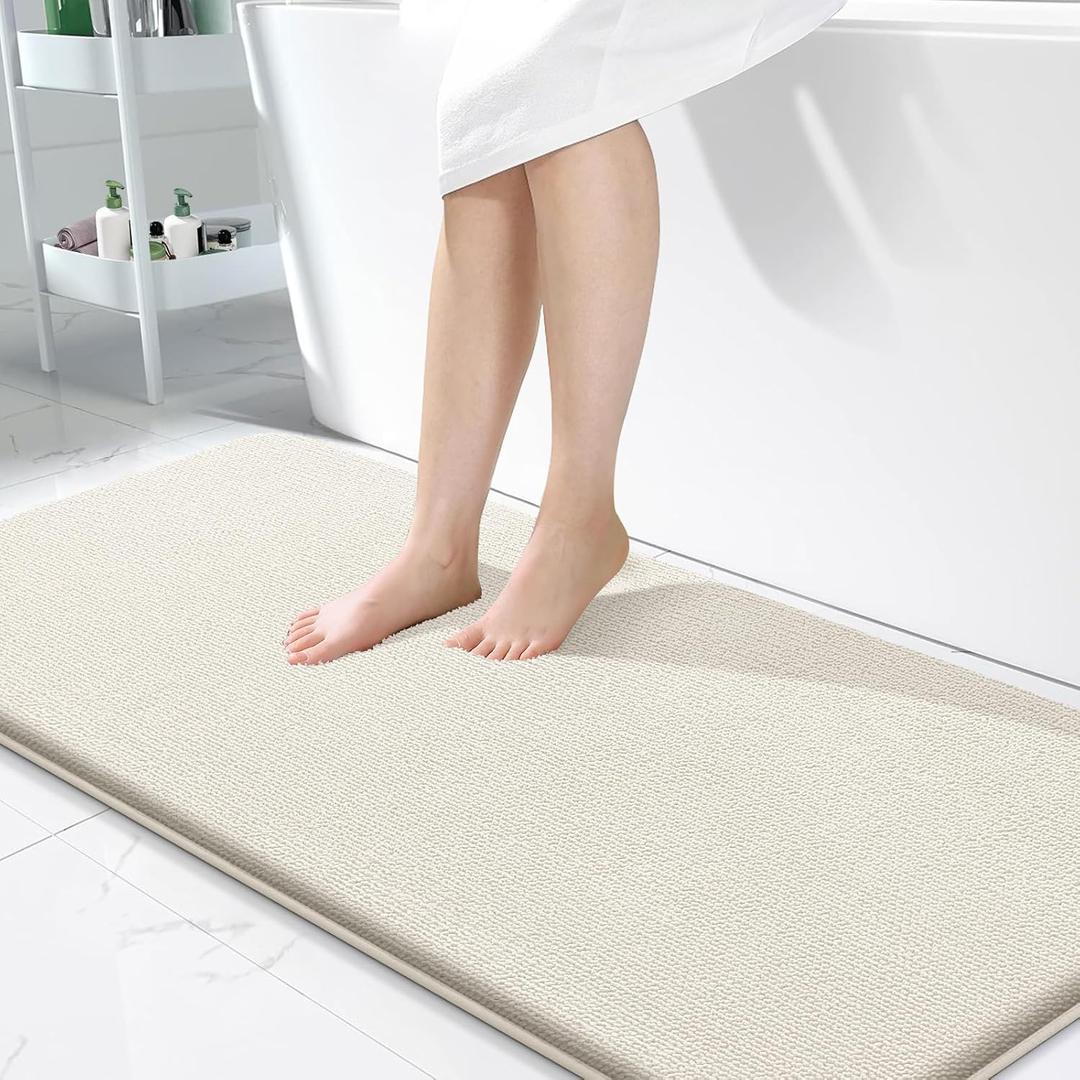 OLANLY Thick Memory Foam Bath Mat Rug 47x24, Extra Soft Absorbent Bathroom Rug, Quick Dry Bath Mats, Non-Slip, Machine Washable Carpet for Bathroom, Tub and Shower, Home Decor Accessories, Ivory