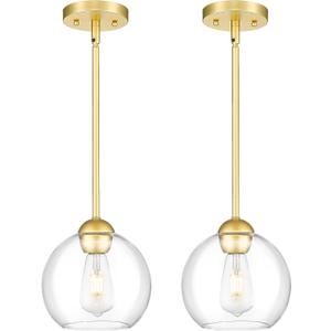 Emak 2 Pack Gold Pendant Light Fixtures, 8 Inch Globe Pendant Lights Kitchen Island with Clear Glass, Modern 1 Light Pendant Lighting for Kitchen, Bedroom, Bathroom, PL121-GD-2PK
