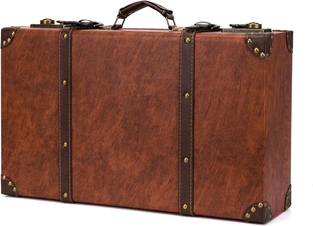 feilario Vintage Leather Storage Trunk Small Portable DecorativeLuggage Suitcase Movie Prop Luggage-2 Size Option, Brown (Brown, L)