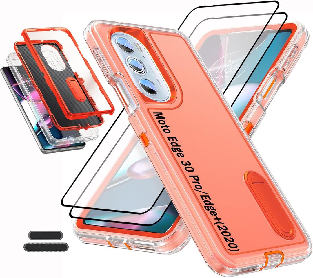 Case for Moto Edge 30 Pro/Edge+(2020) 6.7 Inch, Full Body Protection Heavy Duty Shock Absorbing 3 in 1 Silicone Rubber Built-in Stand with 2 Tempered Screen Protectors-Orange/Clear