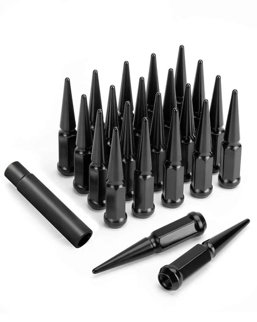 14x1.5 Spike Lug Nuts for Chevy Silverado GMC Sierra 1500, 24 pcs Spiked Lug Nuts for Ford F150 Jeep Grand Cherokee Ram 1500 Truck Tire, Black Bullet Lug Nut Set with Socket Key for Aftermarket Wheels