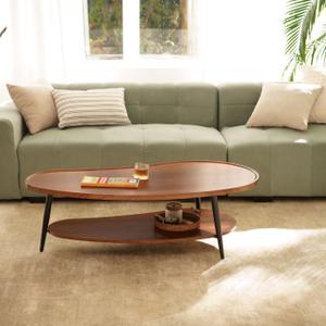 AGV LIGHTING Mango Oval Coffee Table with Storage Shelf, 47" Mid Century Modern Coffee Table for Living Room, Walnut Wood Finish MDF Top with Black Metal Legs