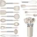 Onader Silicone Cooking Utensils Set of 15, Kitchen Utensils Set with Holder for Nonstick Cookware, 446F Heat Resistant Stainless Steel Handle - Khaki