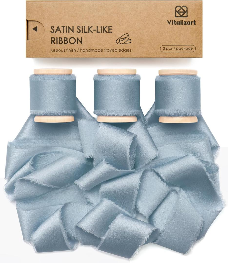 Vitalizart Blue Ribbon 1 inch Silk Satin Ribbon 15 Yard Dusty Blue Handmade Frayed Ribbons for Gift Wrapping Baby Shower Wedding Bridal Bouquets Holiday Decor