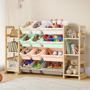 EXPERLAM Extra Large Toy Storage - Toy Storage Organizer, Wooden Toy Organizer with 6 Side Shelves and 12 Bins, 3-in-1 Bookshelf for Kids Rooms, Playroom, Nursery, Multi Color, 52 inches x 11 inches x 31.5 inches