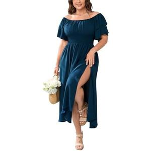 Plus Size Maxi Dress Off The Shoulder Ruffle Smocked Wedding Guest Cocktail Slit Hem Flowy Dresses for Curvy Women XXL
