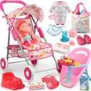 Baby Doll Stroller Set Toys for Girls Toddlers 3-5 4-6 Gifts,Baby Doll Set with 12.5 inch Doll,1 Baby Dining Chair,20 PCS Baby Doll Accessories and 2 Sets Doll Clothes for Realistic Pretend Play