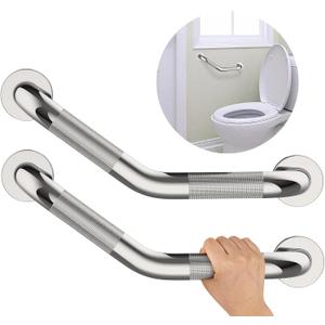 16 Inch Angled Shower Grab Bar, Munzong Anti Slip Satin Brushed Nickel Bathroom Grab Bar, Knurled Bathroom Balance Bar,Safety Hand Rail Support Handicap Elderly Injury Senior Assist Bath Handle