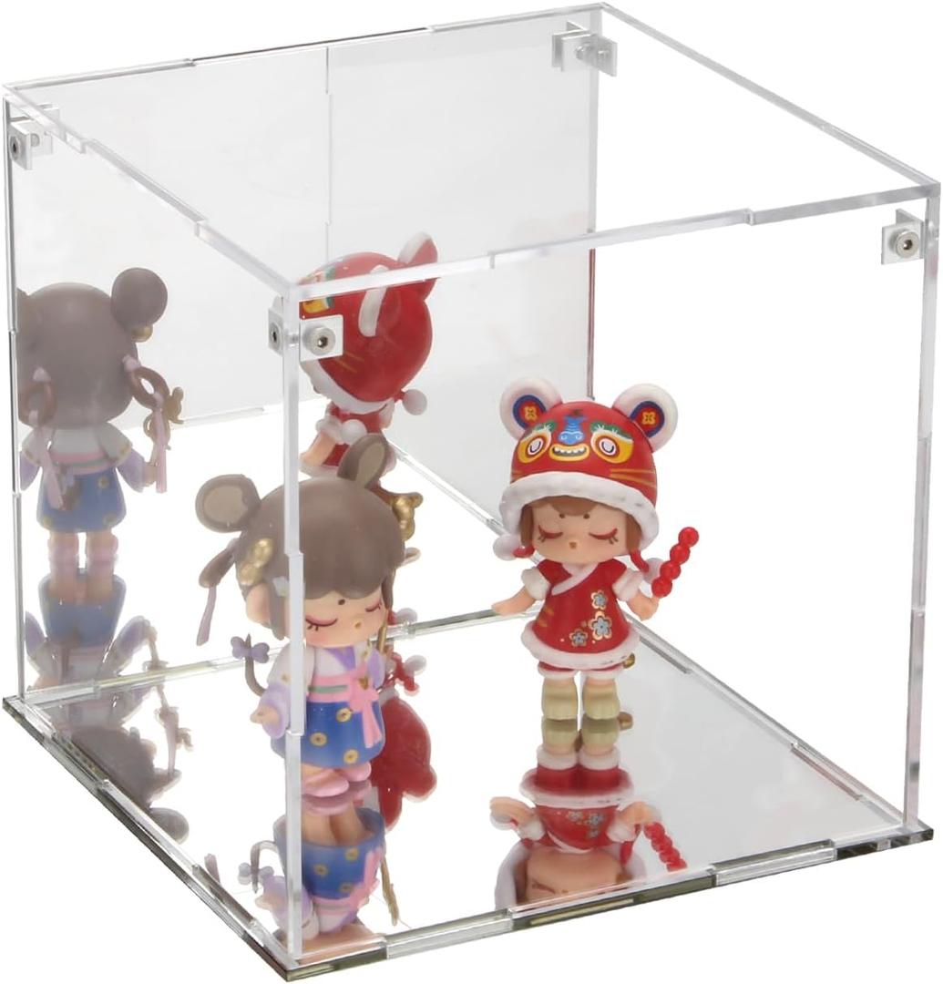 Self-Assemble Acrylic Display Case with Mirrored Back, Clear Action Figure Storage Display Box with Mirrored Base Stand, Cube Storage Containers for Home Office Collectibles, 6x6x6 Inch