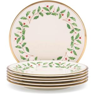 Lenox Holiday 6-Piece Salad Plates Dinnerware Set, Service For 6, Porcelain, Dishwasher Safe, Round Plates Set, Holiday Red & Green, Perfect for Christmas Gatherings, Christmas Dinnerware, Hosting (8")