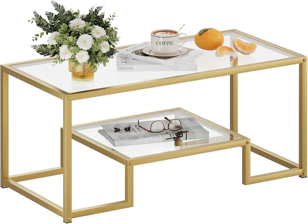 Wolawu Coffee Table Gold Glass Coffee Table for Living Room,2 Tiers Rectangle Center Table with Sturdy Metal Frame,Modern Tempered Glass Accent Table for Bedroom Home Office, 39.4x18.9x17.7 inches