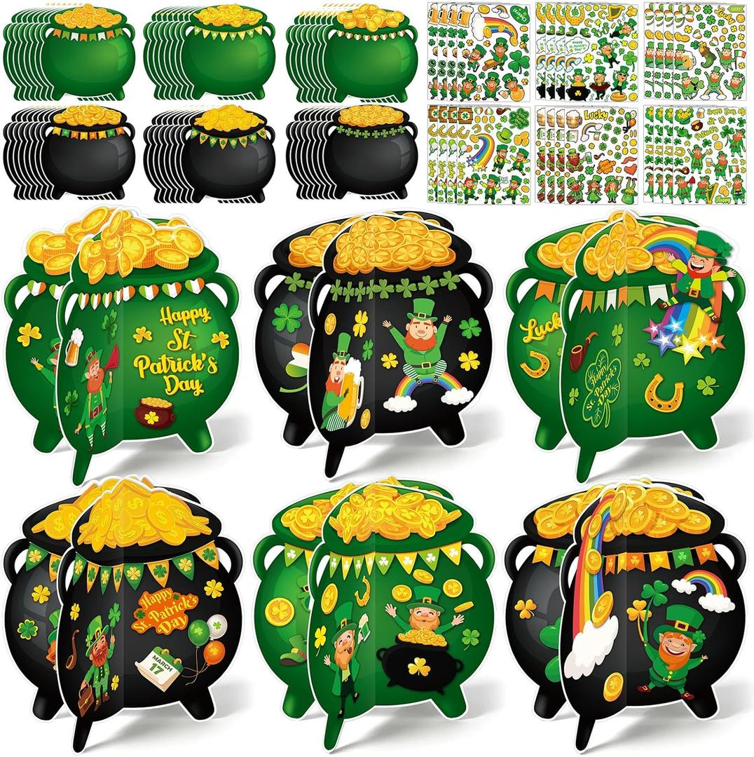 Chiisong 24 Set St. Patrick's Day Crafts 3D Pot of Gold Paper Crafts Shamrock Gold Coins Leprechaun Ornament with Stickers for Saint Patrick Irish Party Decor Classroom Home Activities(Cauldron)