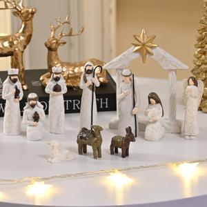 White Nativity Set, Resin Small Christmas Nativity Figurine, 11Pcs Miniature Nativity Scene, Holy Family Manger Scene Tabletop Nativity Figurines for Christmas Indoor Decor