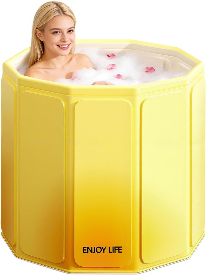 Foldable Portable Bathtub, Hot Ice Bath Tub, Shower Tub Non-Inflatable, Collapsible Bathtub SPA Soaking Tubs for Travel, Camping, Gyms, Home (Yellow) (Yellow | Mode 2 | 27.5" x 27.5" x 25.6")