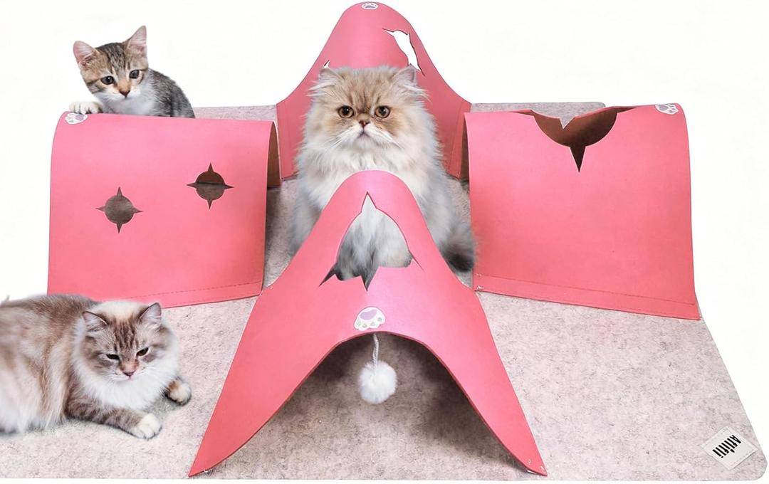 35.4" Large Interactive Felt Cat Activity Play Mat Ripple Style Hide & Seek Tunnel with Hanging Ball, Foldable Snuffle Mat for Indoor Cats, Kittens, Rabbits, Small Pets, Pink