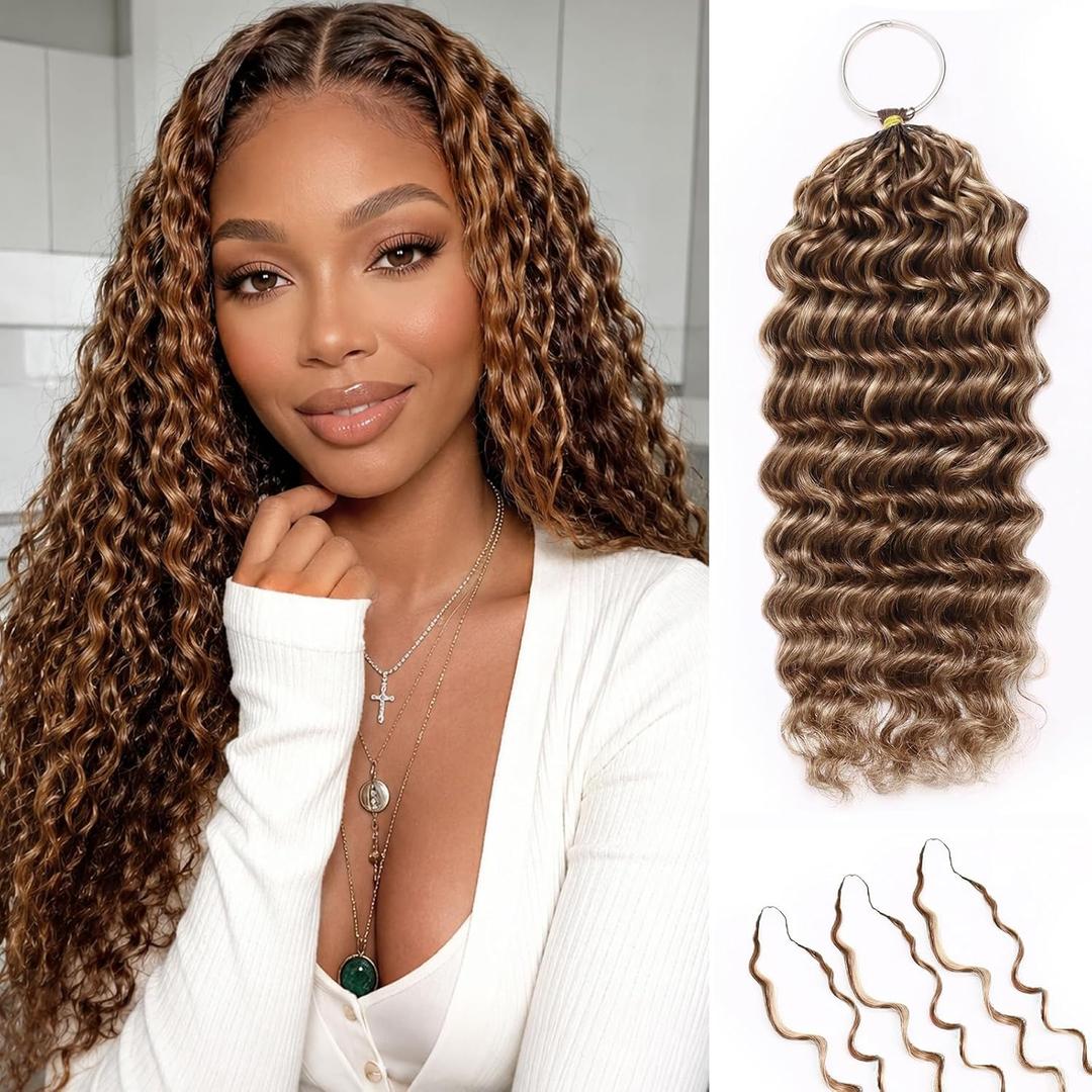 Highlight Pre-Separated Human Crochet Hair P4/27/30 Ombre Brown Blonde Deep Water Wave Curly Miracle Knots 14 Inch 50g Knotless Feather Invisible Crochet Extensions Bundles Braiding Hair for Women