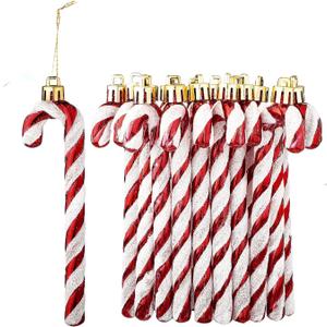 12Pcs Glitter Candy Cane Christmas Tree Decorations Christmas Plastic Candy Cane Tree Hanging Ornament for Holiday Party Decoration Favor (red)