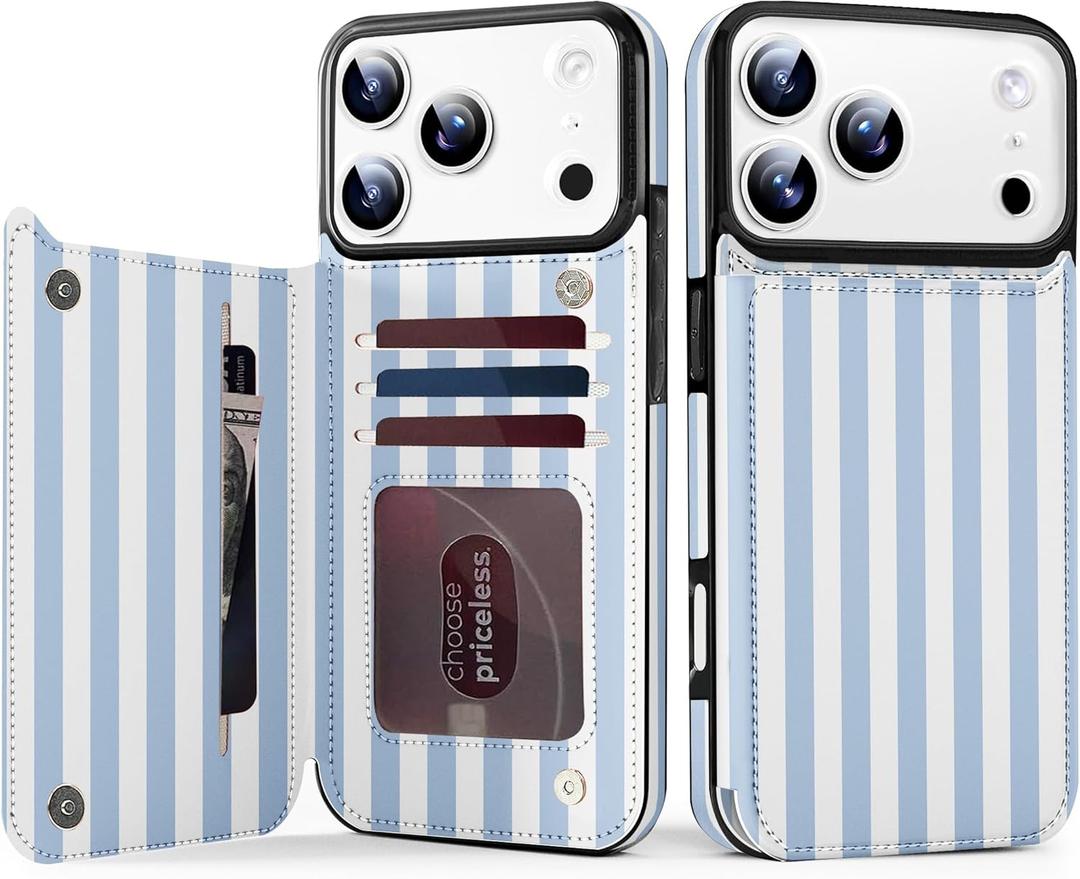 TopPerfekt for iPhone17 Pro Max Case Wallet Card Holder, Military-Grade Drop Protection, Flip PU Leather Built, Double Magnetic Clasp and Durable Shockproof for iP17 PM5G 2025 Cover-Stripes Blue White