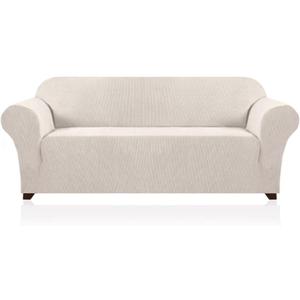 Soft High Stretch 1 Piece Sofa Cover for Moving Lycra Jacquard Sofa Cover for Leather Sofa Stylish Furniture Protector Machine Washable Sofa Cover in Ivory White, 3 Seat Sofa