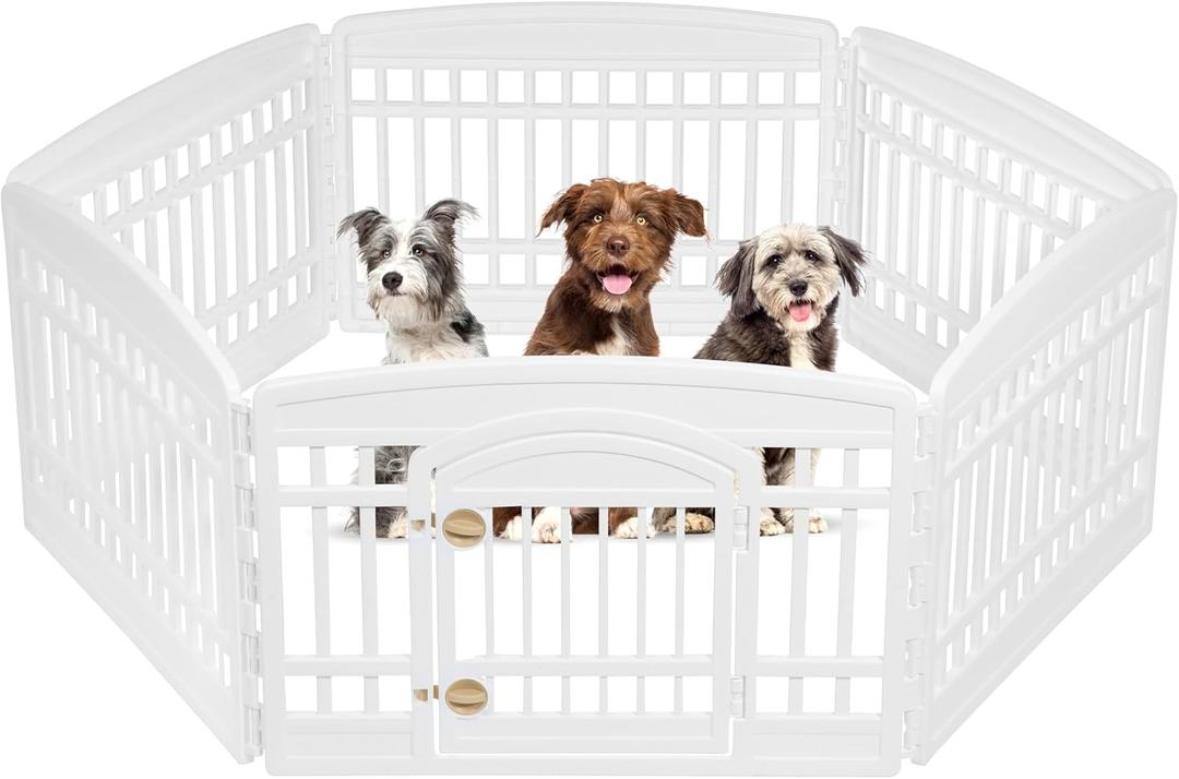 IRIS USA 24" 6-Panel Pet Dog Puppy Playpen with Door, For Puppy Small Dogs Keep Pets Secure Easy Assemble Easy Storing Customizable Non-Skid Rubber Feet, White (24" H)