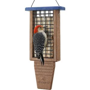 Kingsyard Recycled Plastic Suet Bird Feeder, Double Capacity Tail-Prop Suet Feeder for Outside Hanging, Sturdy & Durable, Great for Woodpecker & Clinging Birds, Blue