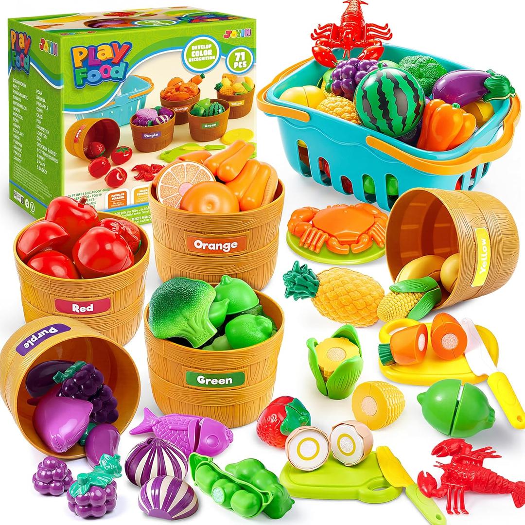 JOYIN Learning Toys Play Food Set for Toddlers, Cutting Food for Preschool Activities, Play Kitchen Accessories, Educational Toys, Color Sorting Set for Boys & Girls, Easter Basket Stuffers