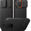 SURITCH for iPhone 15 Pro Case with Magnetic Camera Slide Cover and Adjustable Kickstand, Compatible with MagSafe, Shockproof Bumper Case Slim Protective Cover 6.1 Inch, Black