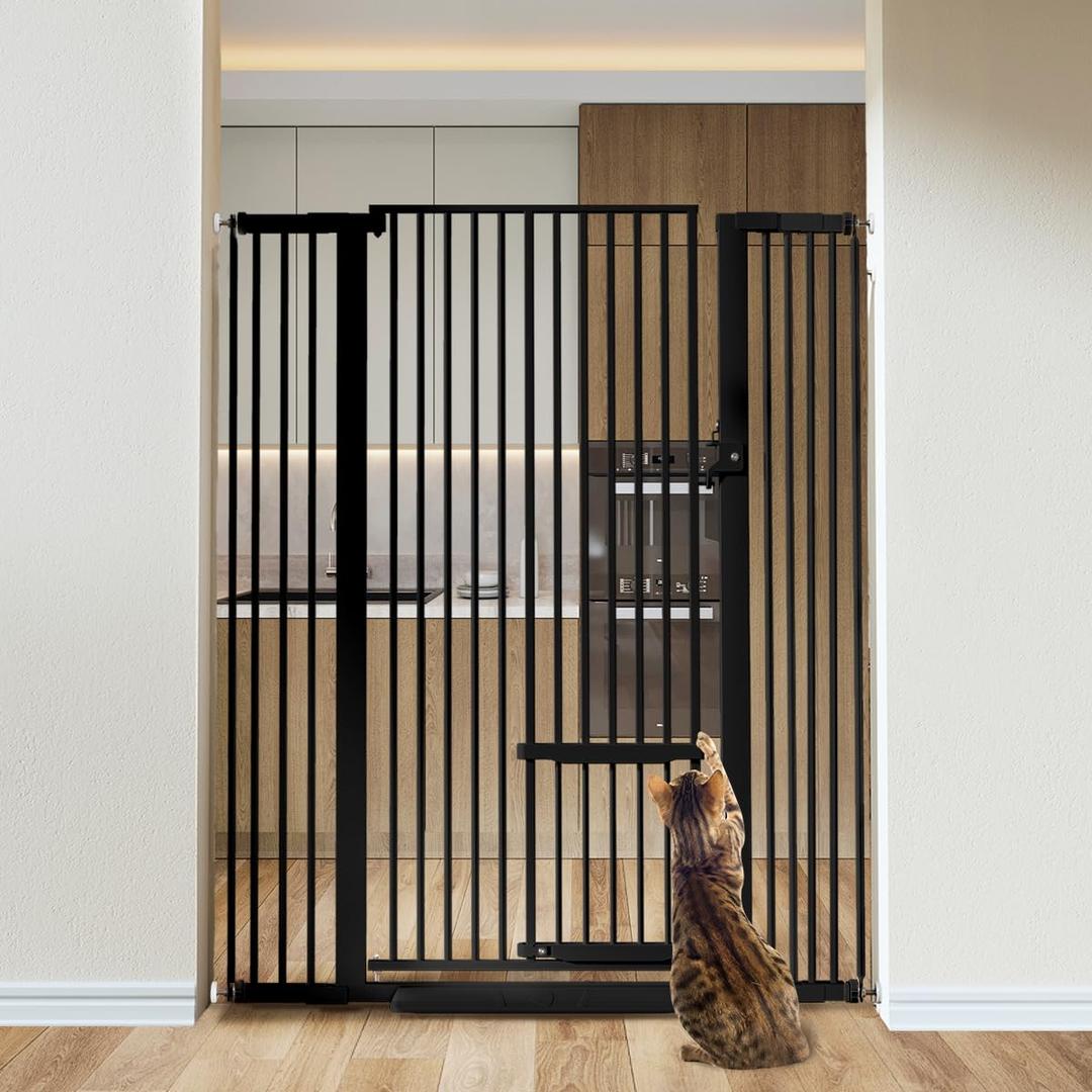 COMOMY 55.1" Extra Tall Pet Gate, 29.5-43" Wide with Adjustable Cat Door, Black