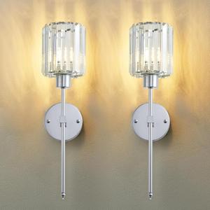 Hardwired Crystal Wall Sconces Set of Two - Dimmable Wall Light Fixtures 3000K, Warm White, for Hallway, Bathroom, Living Room, Bedroom, Chrome, 20.1 Inch