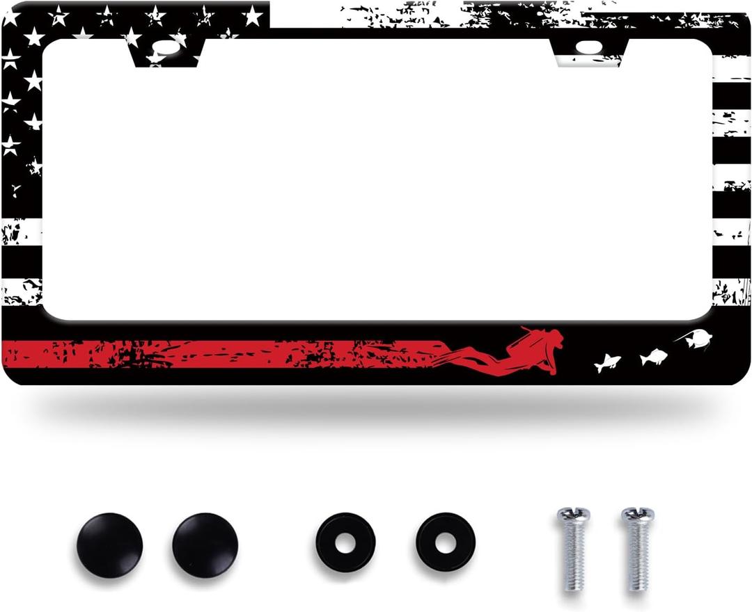 Diving Flag License Plate Frame American Flag Personalized License Plate Holder Stainless Steel Funny Car Accessories Decoration for Men Women 12.3" x 6.3"