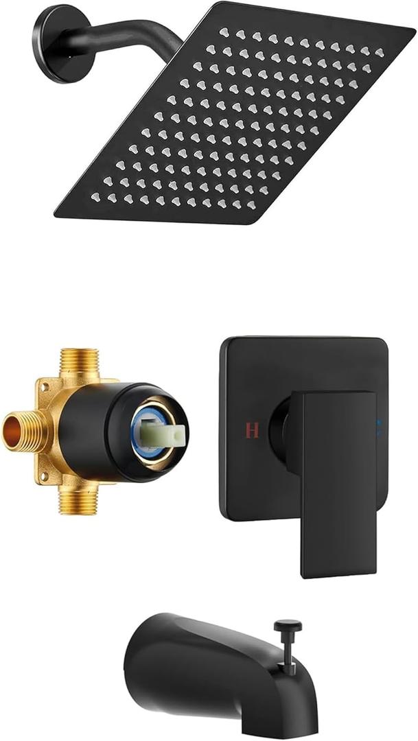 Shower Faucet Set with Tub Spout, 8 Inch Square Wall Mounted Rainfall Shower Head with Rough-in Valve Body, Bathroom Shower Trim Kit Single Function RV Shower System(Matte Black)