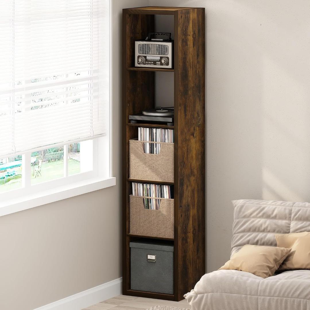 Furinno Cubicle Record Player Stand with Vinyl Storage, 5-Cube 1.2 Extra Thick Vinyl Record Storage, Open Back Media Shelf for CD DVD Blueray Game Disc, for Living Room, Home Office, Amber Pine, Extra Thick, 5-Cube Vertical
