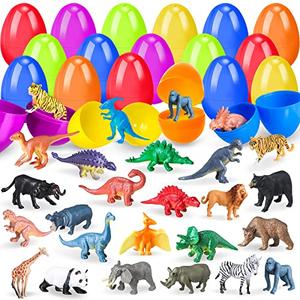 OCHIDO 24 Pack Prefilled Easter Egg With Animal Dinosaur Toy, Easter Basket Essentials Easter Basket Stuffers for Kids, Easter Egg Hunt Game, Easter Party Favor Classroom Rewards