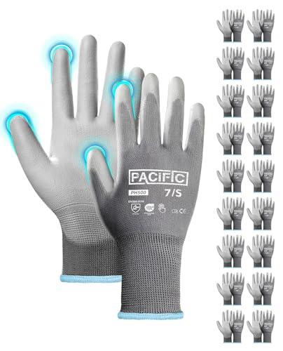 PACIFIC PPE Work Gloves PU Coated-18 Pairs, Touchscreen Working Gloves for Men and Women, Mechanic Gloves, Lightweight, Grey, Small