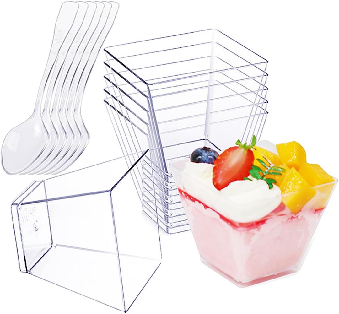 50 Pack 2 oz Mini Dessert Cups with Spoons, Reusable Square Clear Plastic Parfait Cups Dessert Bowls Appetizer Cups for Serving Fruit Ice Cream Pudding Yogurt (50)