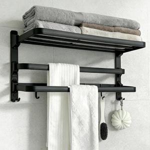 24in Towel Racks Shelf for Bathroom, Foldable Wall Mounted Towel Storage with 2 Towel Bar 9 Hook, Modern Rustproof Towel Holder with Shelves, Towel Hanger for Hotel Dorm Restroom RV Gym, Black