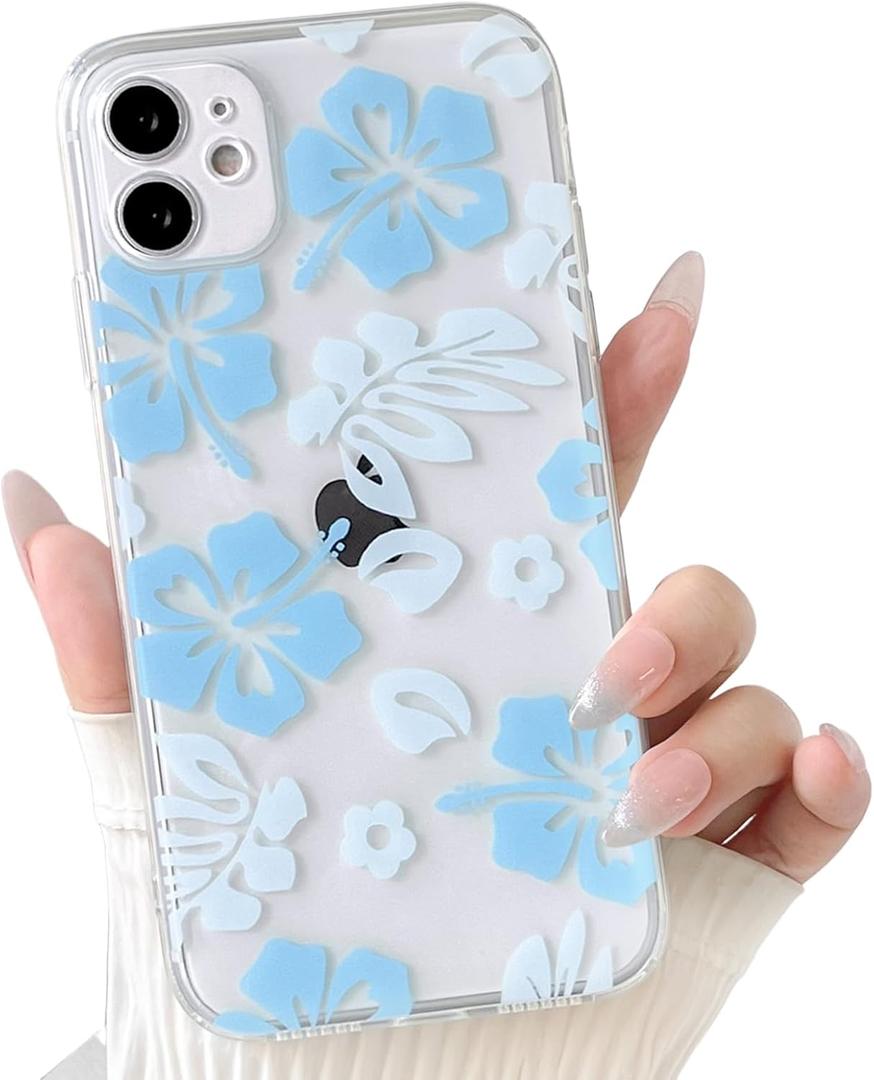 NITITOP Compatible with iPhone 11 Case Cute Clear Aesthetic Floral Flower Hibiscus Pattern for Girls Women Soft TPU Full Camera Lens Shockproof Protective Phone Cover - Blue