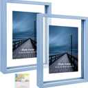 MUYE 8x10 Floating Frame Set of 2,Double Real Glass Photo Frame for Wall Hanging or Tabletop Standing,Display Any Size Photo up to 8x10,Blue