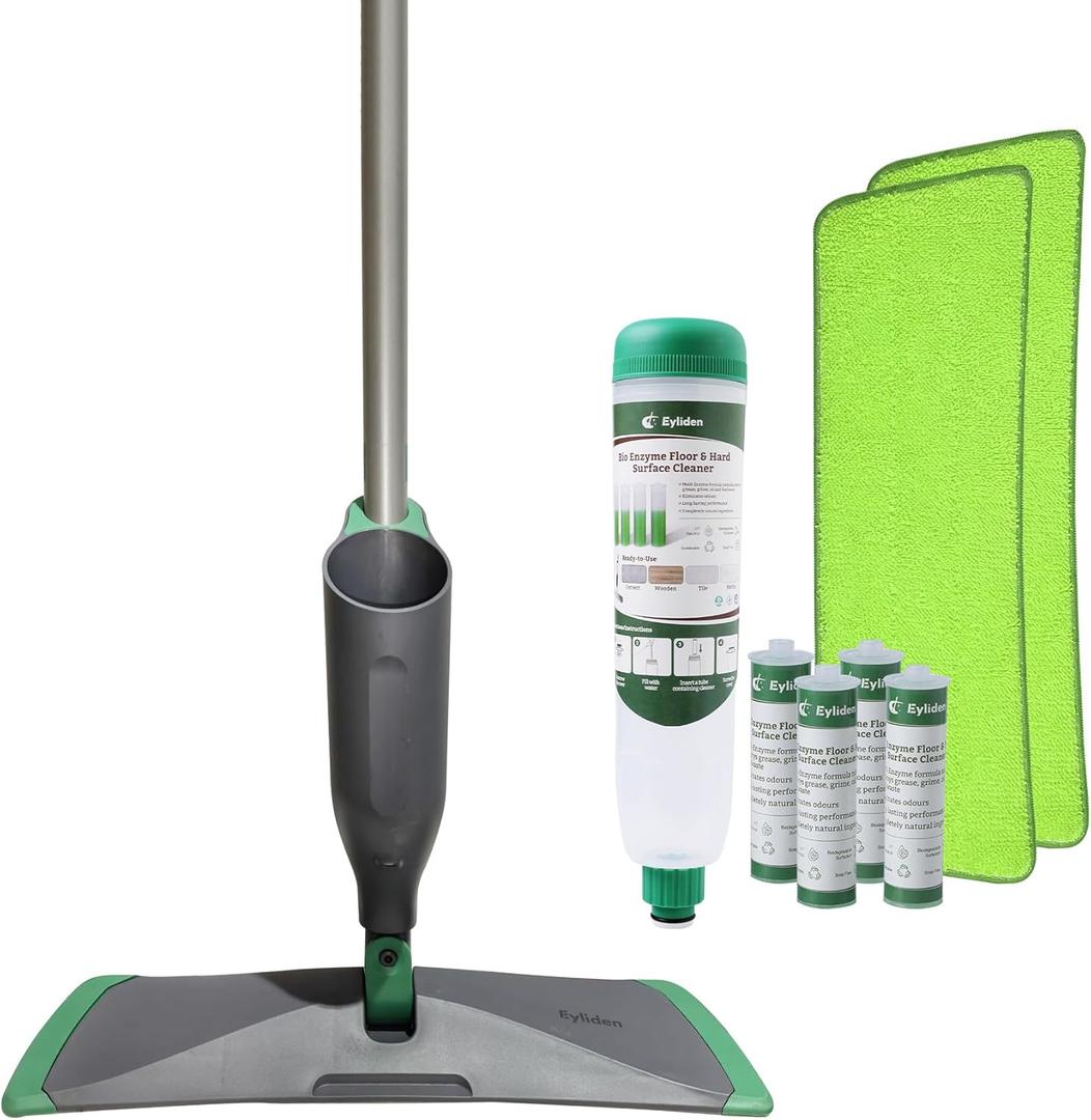 Eyliden Spray Mop with Bio-Enzyme Cleaner - Floor Mop for Hardwood, Tile & All Floors | Breaks Down Grease & Odors Naturally | 360 Swivel, 2 Washable Pads, 40ml Cleaner, Long-Lasting Freshness (Green+grey)