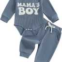 Newborn Baby Boy Clothes Mamas Boy Letters Embroidered Waffle Baby Sweatshirt Romper + Pants Sets Fall Winter Outfits (6-12 Months, Blue)